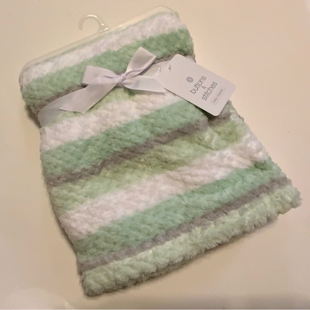 BUTTONS & STITCHES GREEN WHITE STRIPE PLUSH SIZE 30 X 35 BABY BLANKET BLANKET